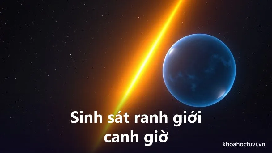 Một đường ranh giới bằng ánh sáng vàng chạy giữa một quả cầu màu hoàng hôn và một quả cầu màu đêm thẫm trên nền trời sao — sinh vào ranh giới hai canh giờ trong tử vi