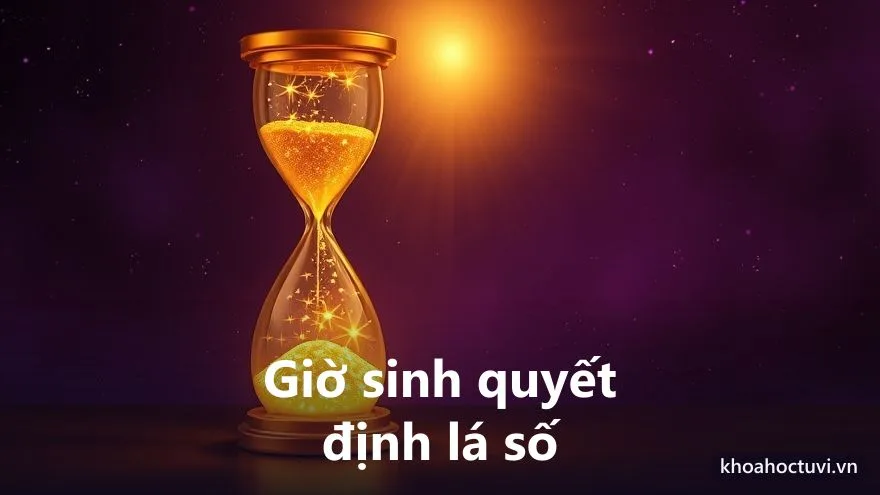 Một chiếc đồng hồ cát vàng lớn với dòng cát sao chảy qua, phát ra tia sáng tách thành nhiều ngả trên nền vũ trụ tím — giờ sinh quyết định cả lá số tử vi