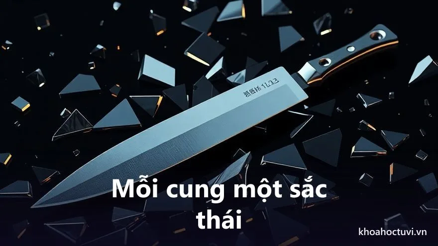 Một lưỡi dao ánh thép phản chiếu qua nhiều mảnh gương tối, biểu tượng cho sát tinh soi qua mười hai cung của lá số