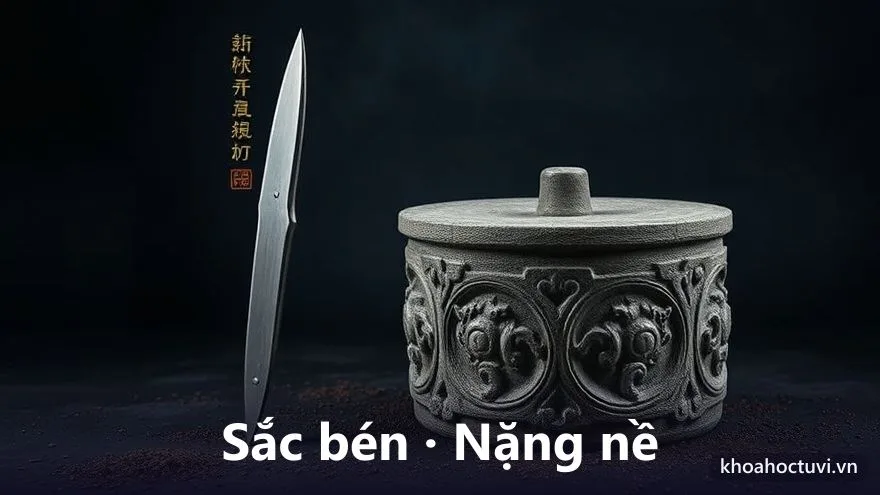 Lưỡi kiếm thép sắc bén dựng cạnh một bánh xe đá nặng nề trên nền tối, minh họa hai chất trái ngược của cặp sát tinh Kình Dương Đà La