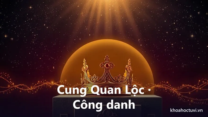 Một chiếc ấn ngọc vàng đặt trang trọng trên bệ đá dưới ánh sáng vàng rực, phía sau là vầng hào quang, trên nền trời tím sao, tranh sơn dầu, biểu tượng cung Quan Lộc và đường công danh chức vị trong tử vi