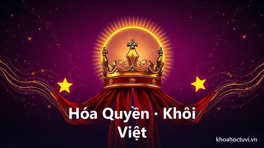 Một chiếc ấn vàng, một cuộn bằng sắc và hai ngôi sao quý nhân vây quanh một vầng hào quang trên nền trời tím sao, tranh sơn dầu, biểu tượng Hóa Quyền và bộ Khôi Việt Xương Khúc trợ lực cho công danh trong tử vi