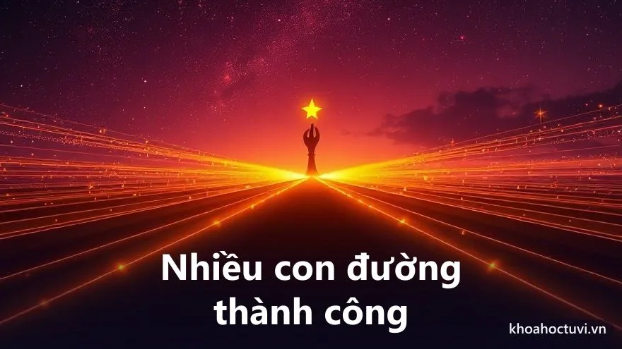 Nhiều con đường ánh sáng vàng tỏa ra từ một điểm dưới trời tím sao, mỗi con đường dẫn tới một biểu tượng khác nhau như ấn quyền, cây bút, mầm cây, ngôi sao, tranh sơn dầu, biểu tượng nhiều con đường thành công ngoài làm quan trong tử vi