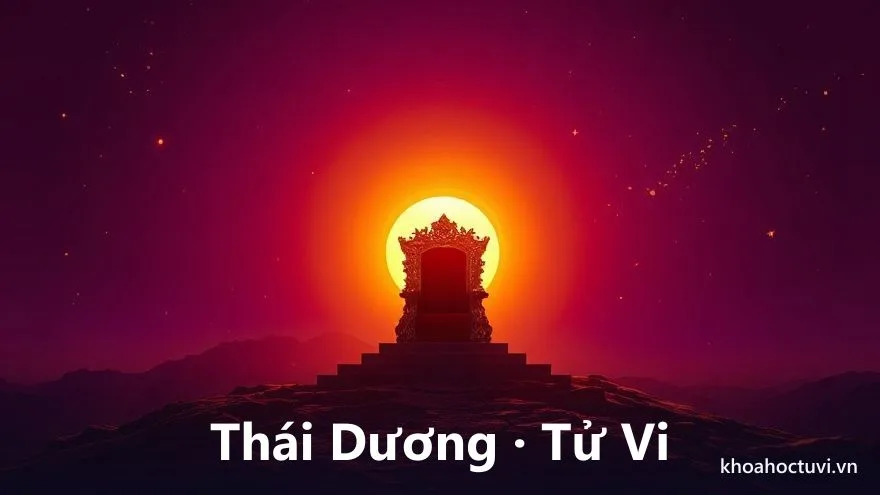 Một vầng mặt trời vàng rực rỡ vươn lên phía sau một ngai vàng uy nghi trên đỉnh núi, tỏa hào quang khắp bầu trời tím, tranh sơn dầu tráng lệ, biểu tượng sao Thái Dương quan tinh và Tử Vi đế tinh chủ quyền uy trong tử vi