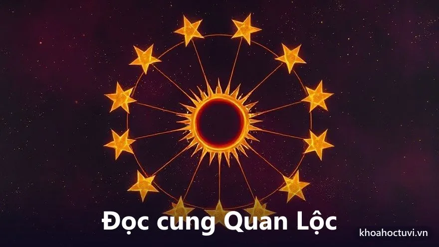 Sơ đồ lá số 12 cung với cung Quan Lộc nổi bật, một chiếc ấn vàng và vầng mặt trời rực rỡ tỏa sáng phía trên, trên nền trời tím thẫm, tranh sơn dầu, minh họa cách xem số làm quan trong tử vi qua cung Quan Lộc