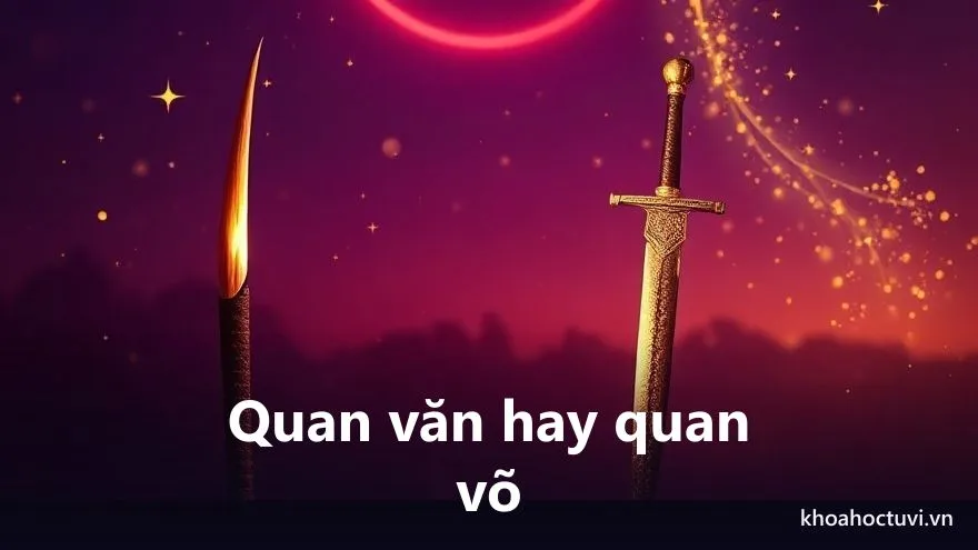 Bên trái một cây bút lông phát sáng ánh lửa vàng, bên phải một thanh kiếm uy nghi, hai bên cân đối dưới vầng hào quang tím vàng, tranh sơn dầu, biểu tượng làm quan văn và làm quan võ trong tử vi