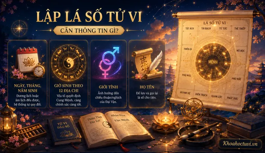 Lập lá số tử vi cần thông tin gì — ngày tháng năm sinh, giờ sinh theo 12 địa chi, giới tính và họ tên