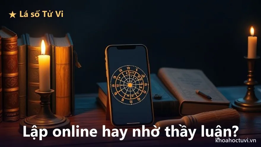 Điện thoại hiển thị lá số bên cạnh sách cổ và bút lông trên bàn gỗ — so sánh lập lá số online và nhờ thầy luận giải