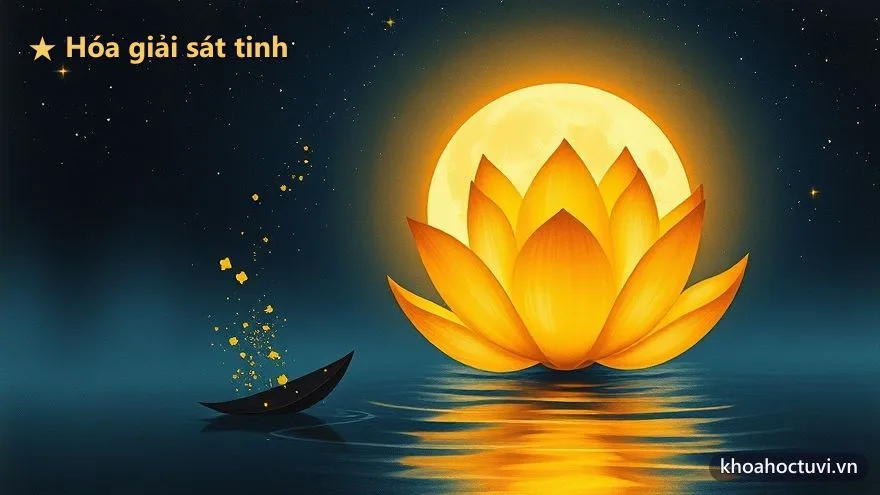 Đóa sen vàng nở trên mặt nước dưới ánh trăng, quầng sáng ấm hóa những mảnh tối thành tia sáng — biểu tượng hóa giải lục sát tinh