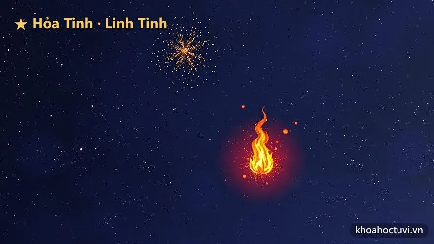 Hai ngọn lửa trên nền trời sao — ngọn bùng cháy rực tượng trưng Hỏa Tinh và đốm lửa ngún âm ỉ tượng trưng Linh Tinh
