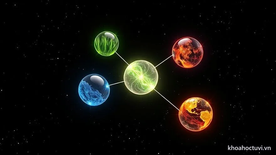 Năm quả cầu nguyên tố Kim Mộc Thủy Hỏa Thổ nối nhau bằng vệt sáng giữa không gian — ngũ hành trong lục thập hoa giáp