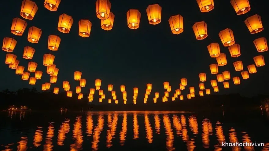Sáu mươi chiếc đèn lồng xếp thành vòng tròn lớn trên mặt hồ đêm — chu kỳ 60 năm lục thập hoa giáp