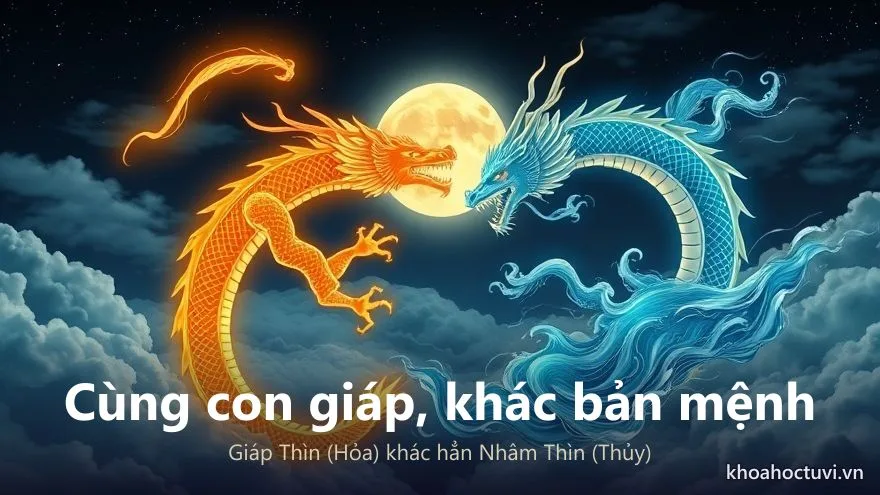Hai con rồng một vàng lửa một xanh nước quấn quanh vầng trăng — cùng con giáp khác nạp âm trong lục thập hoa giáp