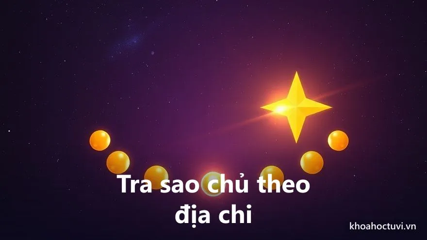 Một bàn tay chỉ vào một trong mười hai ô địa chi phát sáng vòng quanh, ô được chỉ bật lên tên một ngôi sao vàng — cách tra sao mệnh chủ theo chi cung Mệnh