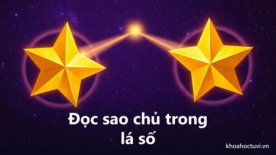 Hai ngôi sao vàng phản chiếu qua lại trong một lá số 12 cung, các đường sáng nối chúng với vài cung khác — đọc mệnh chủ thân chủ trong tương quan cả lá số