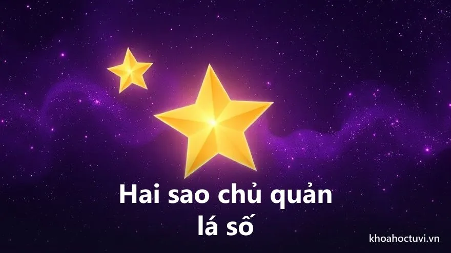 Hai ngôi sao vàng lớn tỏa sáng phía sau một lá số 12 cung mờ ảo trên nền vũ trụ tím — Mệnh Chủ và Thân Chủ là hai sao chủ quản đứng sau lá số tử vi