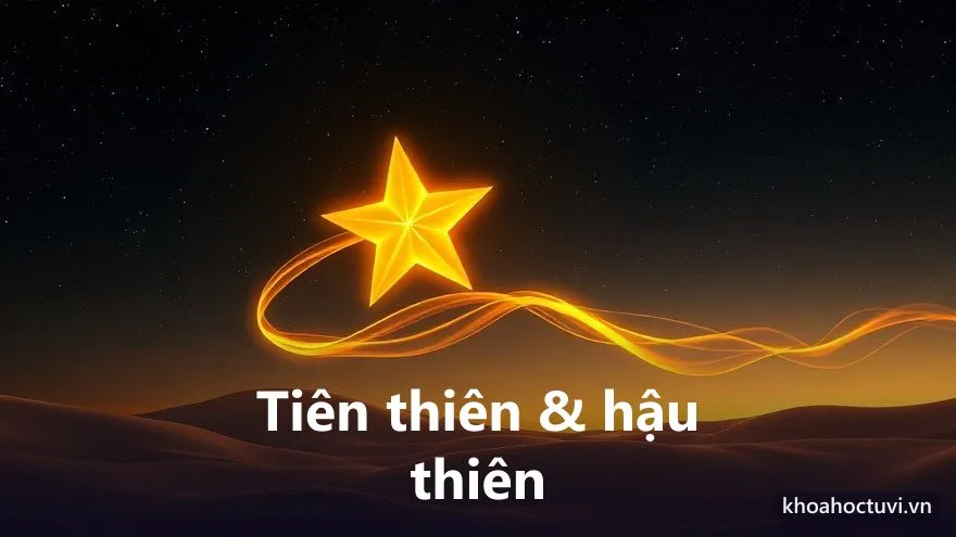 Hai ngôi sao vàng nối nhau bằng một dải sáng, ngôi bên trái mọc lúc bình minh, ngôi bên phải rực rỡ lúc hoàng hôn — tiên thiên hậu thiên của mệnh chủ thân chủ