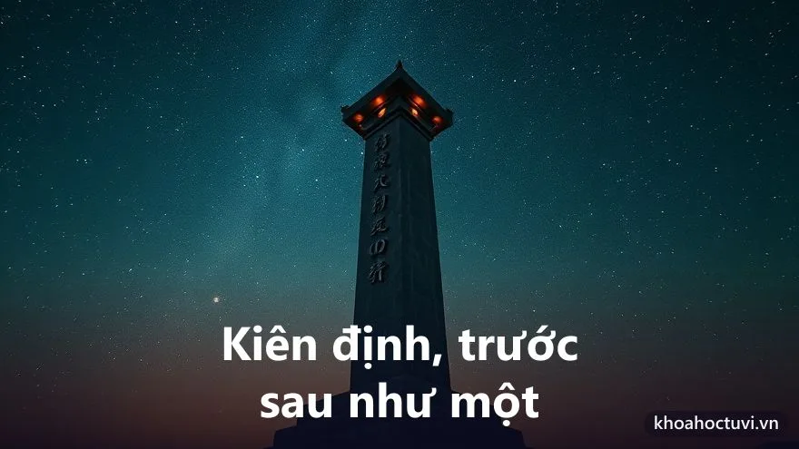 Một cây cột đá đơn độc đứng vững giữa gió, khắc vân đá bền chắc, dưới bầu trời sao
