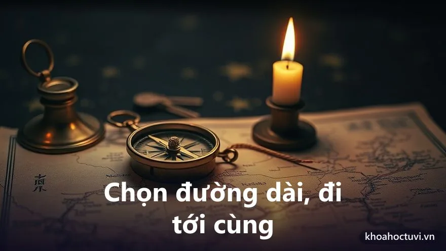 Một chiếc la bàn cổ đặt trên bản đồ cũ bên ngọn nến, kim chỉ vững một hướng, ánh sáng ấm