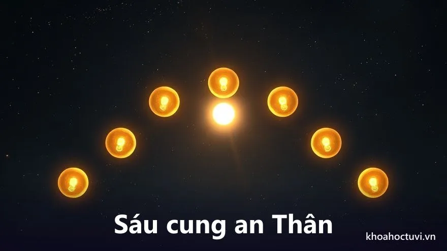 Sáu ngọn đèn xếp vòng cung, một ngọn ở tâm sáng gấp đôi, tượng trưng sáu cung an Thân