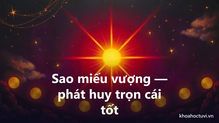 Một ngôi sao vàng rực rỡ tỏa các tia sáng mạnh khắp bầu trời tím trong vắt, biểu tượng sao đạt đỉnh sức mạnh — sao miếu vượng phát huy trọn vẹn cái tốt trong tử vi