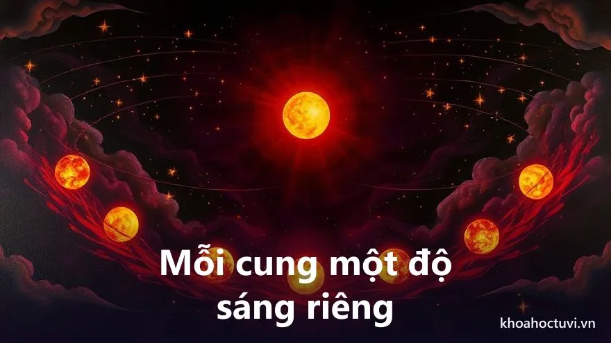 Mười hai vầng sáng xếp thành vòng vuông quanh một tâm sáng, trong đó một vầng rực rỡ và một vầng lu mờ — minh họa các cung mang chính tinh với độ sáng khác nhau trên lá số tử vi