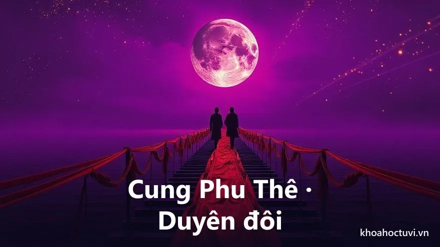 Một cây cầu tơ hồng nối hai bờ dưới ánh trăng tím, hai bóng người tiến lại gần nhau từ hai phía, tranh sơn dầu ấm áp, biểu tượng cung Phu Thê và duyên vợ chồng trong tử vi