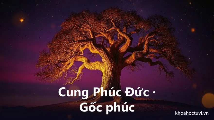 Một cội cây cổ thụ tỏa sáng vàng ấm với rễ ăn sâu vào lòng đất, trên tán là những vì sao lấp lánh, nền trời tím, tranh sơn dầu, biểu tượng cung Phúc Đức là cái gốc phúc phần nuôi dưỡng mọi mối duyên trong tử vi