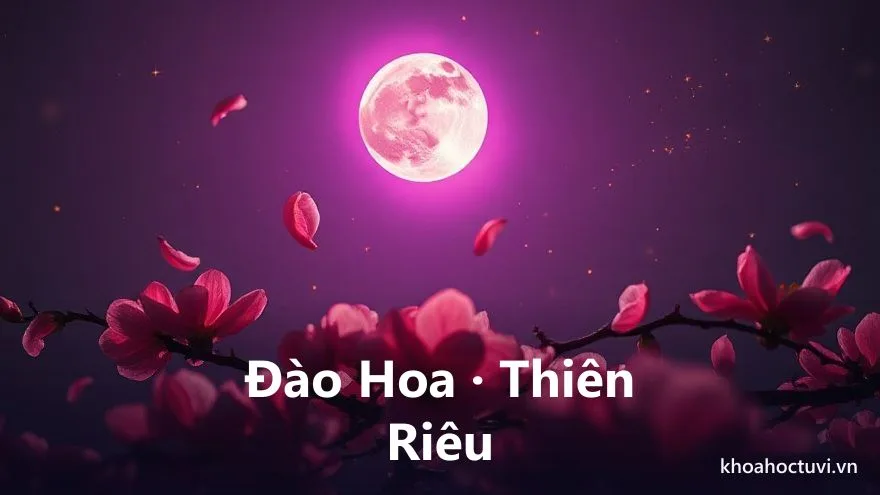 Nhiều cánh hoa đào phát sáng bay lượn quanh một ngôi sao trung tâm dưới ánh trăng tím, vài cánh rơi rụng, tranh sơn dầu lãng mạn, biểu tượng sao Đào Hoa Thiên Riêu và duyên tình đa đoan trong tử vi