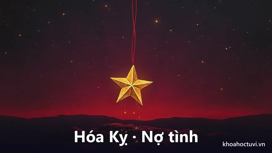 Hai vì sao bị buộc vào nhau bằng sợi tơ đỏ căng, quanh là những giọt sáng long lanh như nước mắt rơi, trên nền trời tím thẫm, tranh sơn dầu, biểu tượng Hóa Kỵ và nợ tình duyên nặng nhiều nước mắt trong tử vi