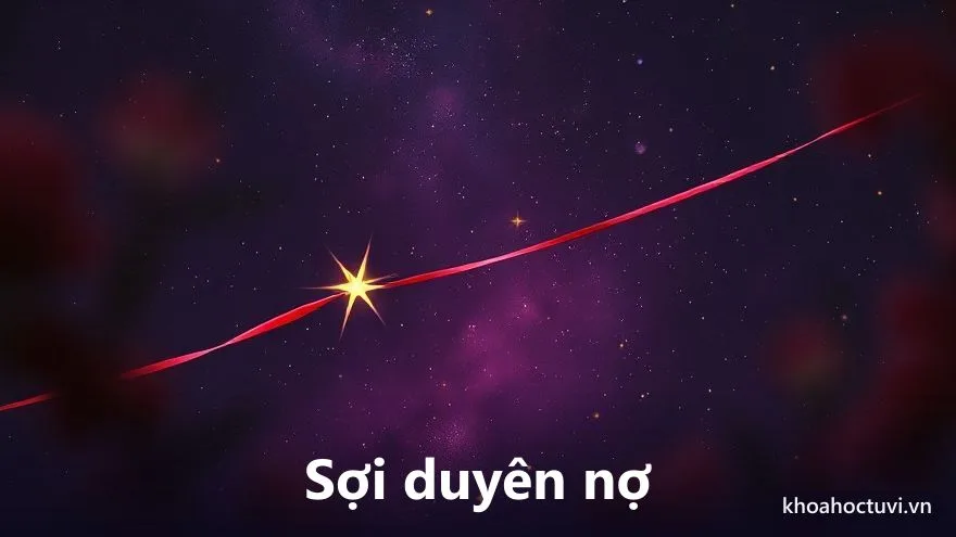 Hai ngôi sao được nối bởi một sợi tơ hồng mảnh vắt qua khoảng trời tím thẫm đầy sao, một đầu sáng một đầu mờ, tranh sơn dầu, minh họa cách xem nghiệp duyên trong tử vi qua sợi duyên nợ