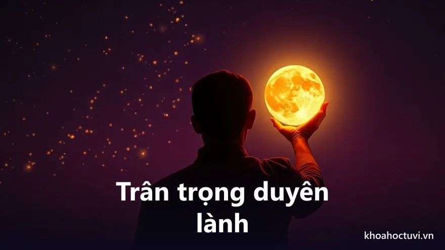 Một dáng người mở lòng bàn tay nâng niu một đốm sáng ấm hình trái tim, những cánh sao vàng lan tỏa quanh, trên nền trời tím, tranh sơn dầu, biểu tượng trân trọng và vun đắp nghiệp duyên trong tử vi
