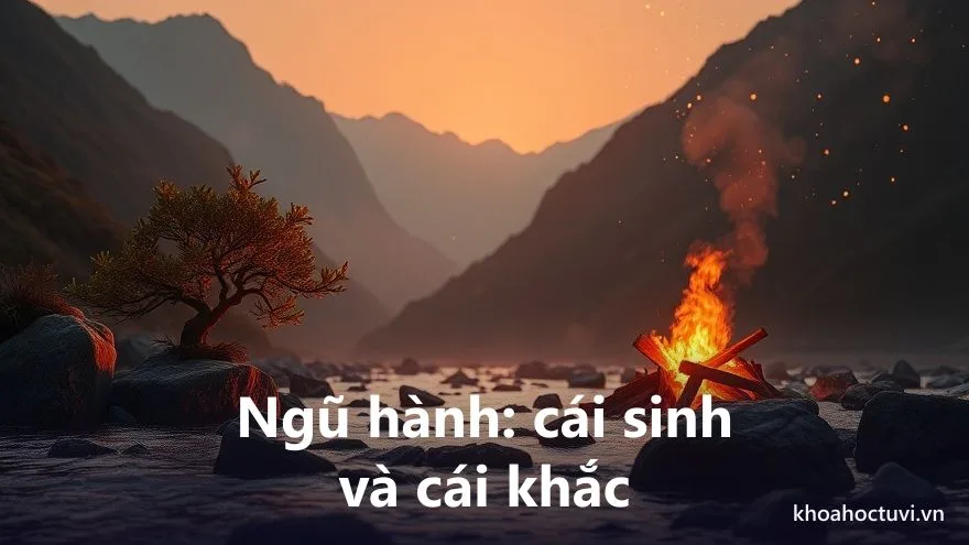 Cây xanh mọc bên bờ sông đá và ngọn lửa cháy phía đối diện lúc hoàng hôn, minh họa quy luật ngũ hành sinh khắc trong tử vi