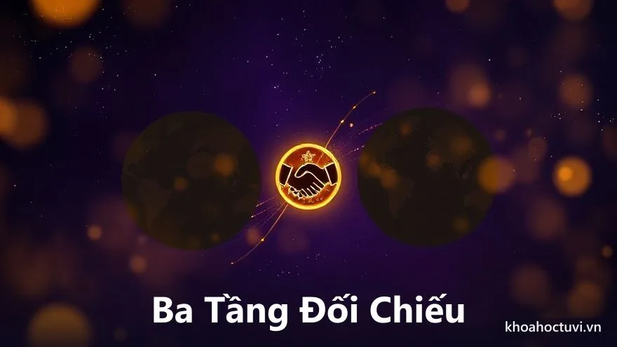 Hai lá số tử vi đặt cạnh nhau, nối bởi ba dải ánh sáng vàng tượng trưng ba tầng đối chiếu mệnh ngũ hành, cung Nô Bộc và tính cách, ở giữa là biểu tượng cái bắt tay, trên nền trời tím sao, minh họa xem người hợp làm ăn trong tử vi qua ba tầng