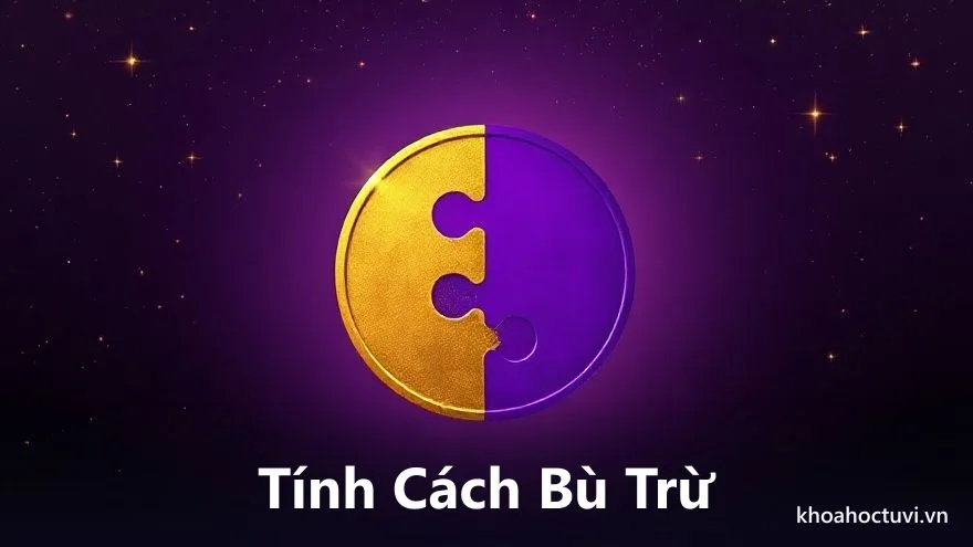 Hai mảnh ghép hình khác nhau, một mảnh sắc cạnh màu vàng cam và một mảnh mềm mại màu tím xanh, đang khớp vừa khít vào nhau tạo thành một khối tròn hoàn chỉnh, trên nền trời tím sao, minh họa sự bù trừ tính cách của hai người hợp làm ăn trong tử vi