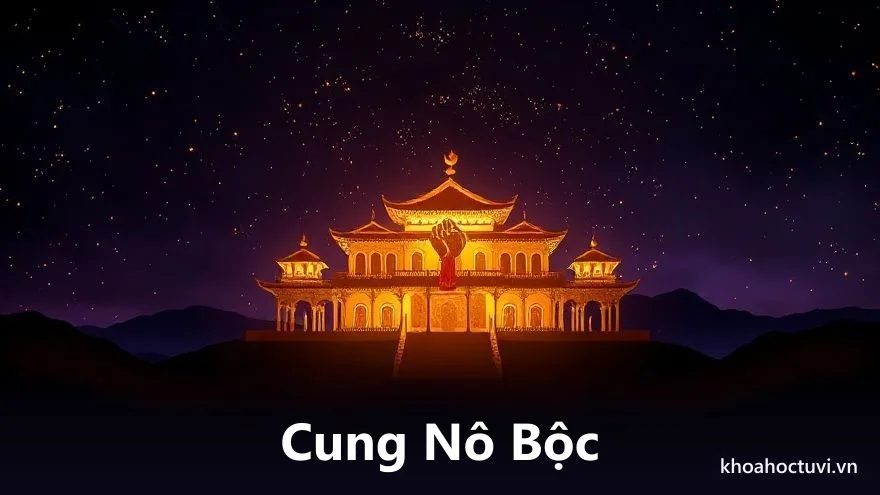 Một cung sáng trên vòng mười hai cung với biểu tượng nhiều bàn tay nắm lấy nhau phát ánh sáng vàng ấm, một vài bàn tay khác mờ tối hơn ở rìa, trên nền trời tím sao, minh họa cung Nô Bộc soi chuyện bạn bè và đối tác trong tử vi