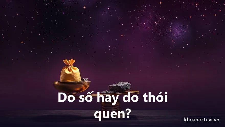 Một cán cân dưới ánh sao tím, một bên là túi vàng, một bên là một chồng hóa đơn và ví rỗng, đang nghiêng lệch, tranh sơn dầu, biểu tượng nợ do số hay do thói quen tiêu tiền trong tử vi