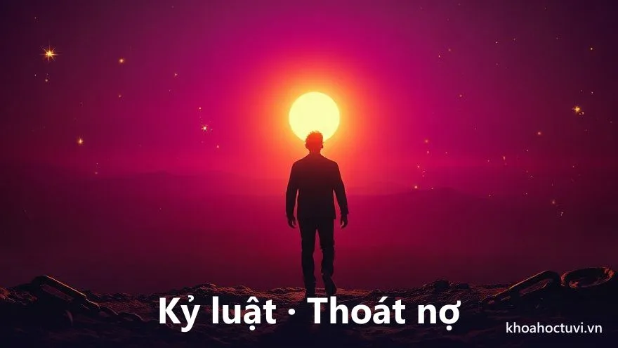 Một người đứng thẳng bước ra khỏi những sợi xích vàng đã đứt gãy dưới ánh bình minh vàng ấm trên nền trời tím dần sáng, tranh sơn dầu, biểu tượng thoát khỏi vòng nợ nần bằng kỷ luật chi tiêu trong tử vi