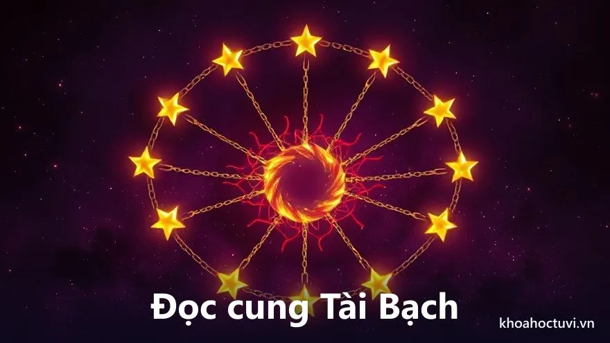 Sơ đồ lá số 12 cung với cung Tài Bạch nổi bật giữa những sợi xích vàng quấn quanh và tia sáng đỏ, trên nền trời tím thẫm, tranh sơn dầu, minh họa cách xem số nợ nần trong tử vi qua cung Tài Bạch