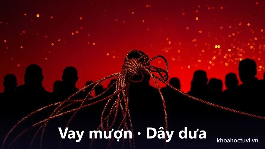 Nhiều sợi dây vàng rối vào nhau nối giữa các bàn tay bóng mờ dưới ánh sao đỏ, một sợi thắt nút chặt, trên nền trời tím, tranh sơn dầu, biểu tượng vay mượn dây dưa và thị phi tiền bạc trong tử vi