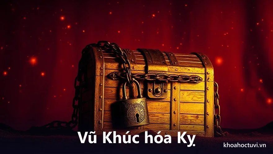 Một chiếc rương vàng bị khóa bằng một ổ khóa tối và sợi xích quấn chặt dưới ánh sao đỏ trầm, trên nền trời tím, tranh sơn dầu, biểu tượng Vũ Khúc hóa Kỵ khiến tài tinh bị khắc và kho tiền bị khóa trong tử vi