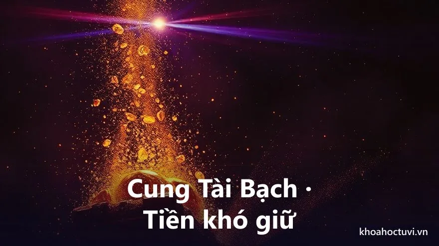 Một bàn tay xòe ra để những đồng tiền vàng rơi qua kẽ tay tan thành ánh sáng dưới bầu trời đêm tím, tranh sơn dầu tương phản, biểu tượng cung Tài Bạch và tiền bạc khó giữ, hao tán trong tử vi