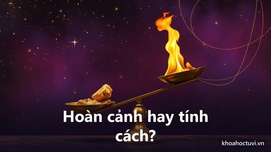 Một cán cân vàng dưới ánh sao tím, một bên là đồng tiền vàng một bên là ngọn lửa liều lĩnh, đang nghiêng ngả chực đổ, tranh sơn dầu, biểu tượng phá sản do hoàn cảnh hay do tính cách liều lĩnh trong tử vi