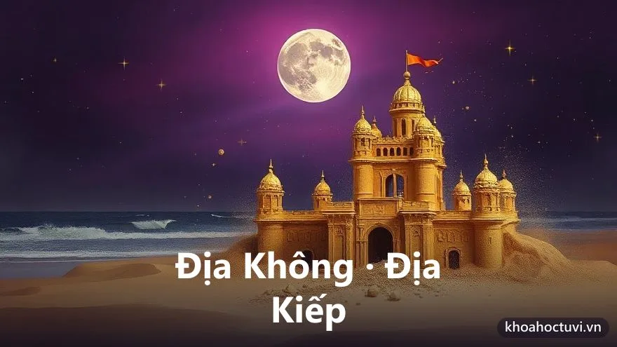 Một lâu đài cát lộng lẫy đang bị con sóng lớn cuốn tan dưới ánh trăng tím, những mảnh vụn bay tứ tán, tranh sơn dầu kịch tính, biểu tượng cặp sao Địa Không Địa Kiếp gây thành bại chớp mắt và phá sản trong tử vi