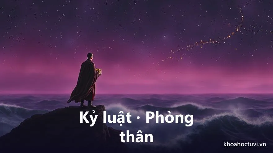 Một người đứng vững trên mỏm đá cao nhìn ra biển động dưới trời tím sao, tay giữ chắc một chiếc rương nhỏ ánh vàng, sóng lớn phía dưới, tranh sơn dầu, biểu tượng kỷ luật tài chính và phòng tránh phá sản trong tử vi