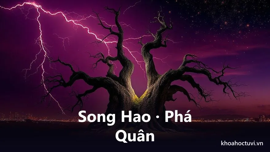 Một cây cổ thụ bị chẻ đôi bởi tia sét dưới bầu trời đêm tím, nhưng từ gốc đổ đã nhú lên những chồi non mới, tranh sơn dầu, biểu tượng sao Phá Quân phá cách rồi làm lại và Song Hao hao tán trong tử vi