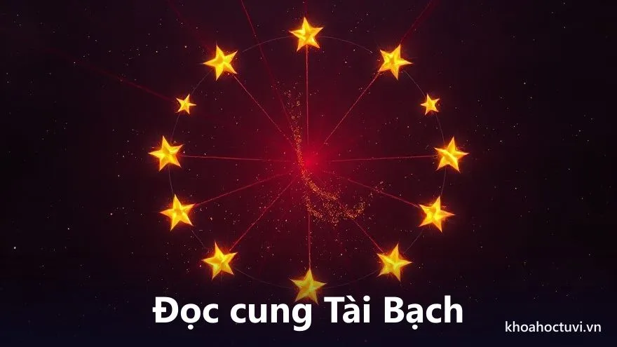 Sơ đồ lá số 12 cung với cung Tài Bạch nổi bật giữa những tia sáng đỏ và các đồng tiền vàng đang tan biến thành khói, trên nền trời tím thẫm, tranh sơn dầu, minh họa cách xem số phá sản trong tử vi qua cung Tài Bạch
