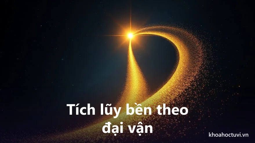 Phủ tướng triều viên qua các đại vận: dòng hạt sáng vàng cuộn lên cao tượng trưng tích lũy bền theo thời gian
