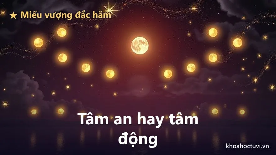 Một ngôi sao chính tỏa các cấp độ ánh sáng khác nhau từ rực rỡ tới lu mờ phía trên một mặt hồ phẳng lặng in bóng trăng sao, tượng trưng mức miếu vượng đắc hãm của chính tinh cung Phúc Đức quyết định tâm an hay động trong tử vi