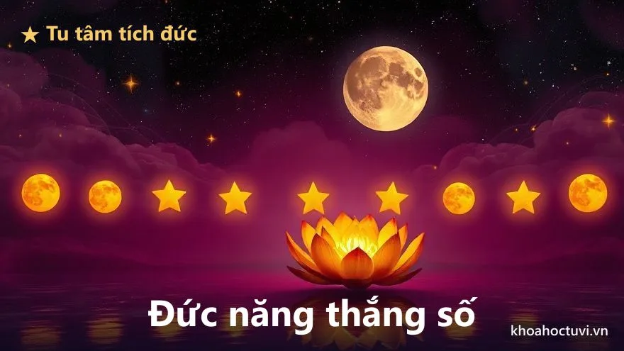 Một mầm cây phát sáng vàng vươn lên từ lòng đất dưới ánh trăng sao tím, được nhiều bàn tay ánh sáng nhẹ nhàng vun tưới, tượng trưng việc tu tâm tích đức bồi đắp phúc phần ở cung Phúc Đức trong tử vi